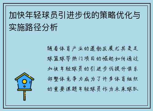 加快年轻球员引进步伐的策略优化与实施路径分析